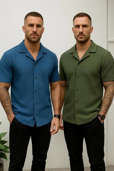 LC Waikiki Lc W 2-Pack Advantage Package Short Sleeve Summer Quality Waffle Fabric Men's Shirt New Model - Ironing-Free