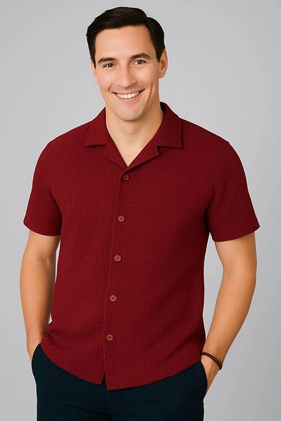 LC Waikiki Lc Waik 100% Cotton Waffle Fabric Premium Men's Summer Button Short Sleeve Shirt - Ironing-Free