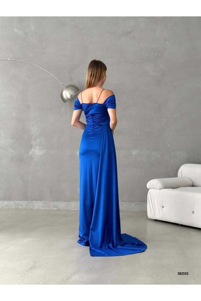 vuvutasarım Draped Collar Satin Fabric Slit Tail Detail Long Dress 582553 746