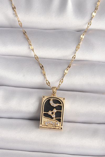 Clariss 316L Steel Gold Color Zircon Stone Moon Figured Tarot Model Women's Necklace