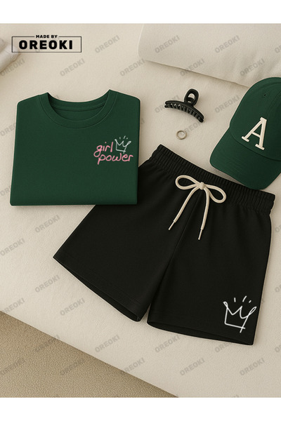 EFFRENATU Women's Power Printed Cotton Forest Green T-Shirt-Black Shorts Set