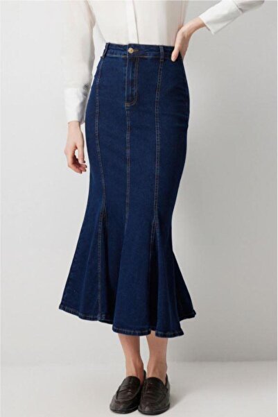 Touche Denim Balık Etek Koyu Denim