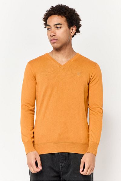 Harmont & Blaine Jeans Men V-Neck Embroidered Logo Sweater, Dark Orange