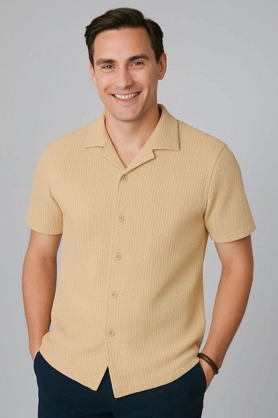 Store 100% Cotton Waffle Fabric Premium Men's Summer Button Short Sleeve Shirt - Non-Ironing