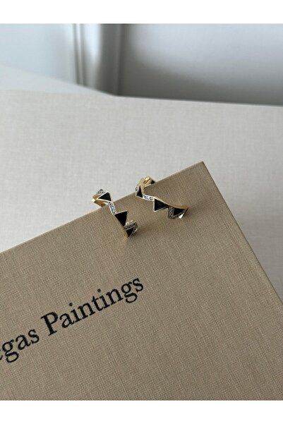 Jerie Gold Triangle Design Black Enamel Hoop Earrings