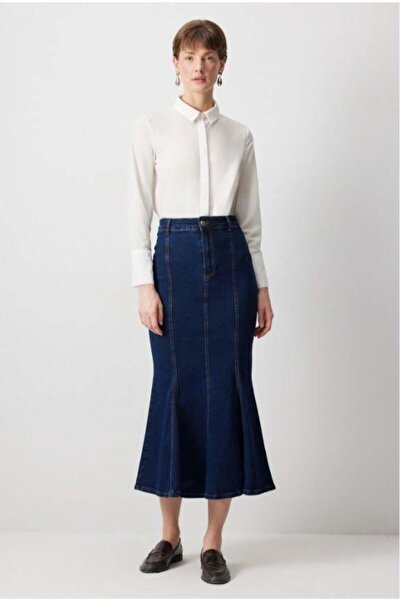 Touche Denim Balık Etek Koyu Denim