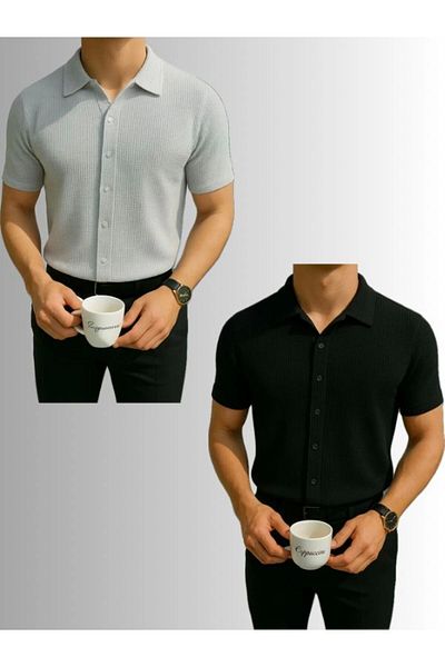 LC Waikiki Lc W 2-Piece Advantageous 100% Cotton New Season Short Sleeve Men's Buttoned Premium Shirt - Iron-Free