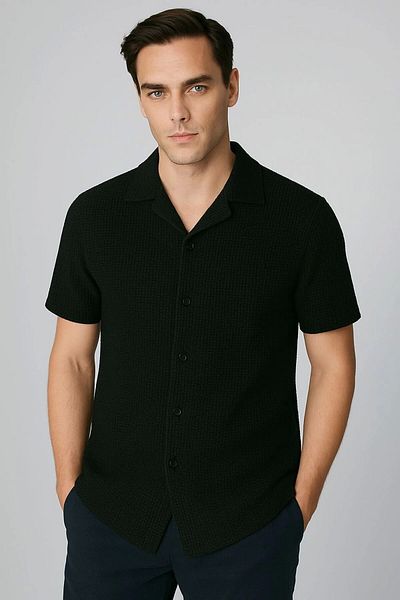 LC Waikiki Lc Waik 100% Cotton Waffle Fabric Premium Men's Summer Button Short Sleeve Shirt - Ironing-Free