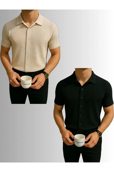 LC Waikiki Lc W 2-Pack Advantageous Package 100% Cotton Waffle Fabric Ironing Unwilling Short Sleeve Men's Summer Shirt