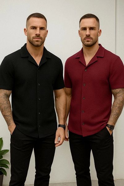 LC Waikiki Lc W 2-Pack Advantage Package Short Sleeve Summer Quality Waffle Fabric Men's Shirt New Model - Ironing-Free