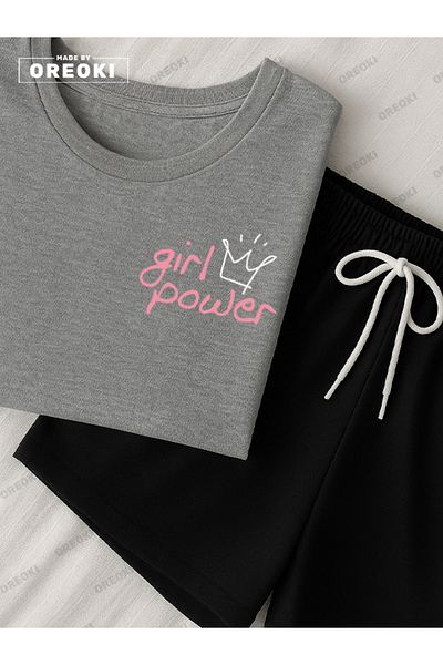 EFFRENATU Women's Power Printed Cotton Gray T-Shirt-Black Shorts Set