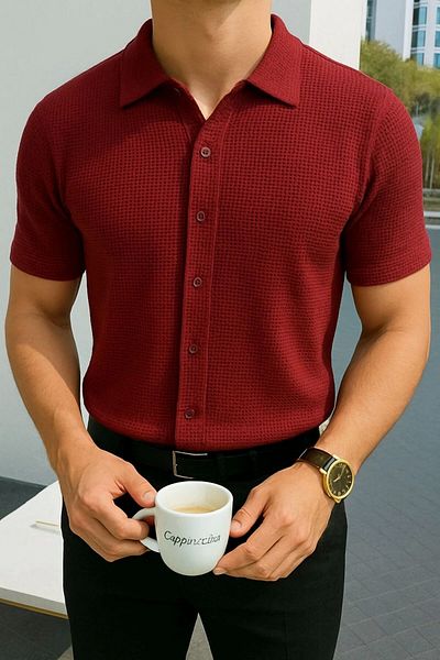 Store 100% Cotton Waffle Fabric Men's Summer Button Short Sleeve Premium Shirt