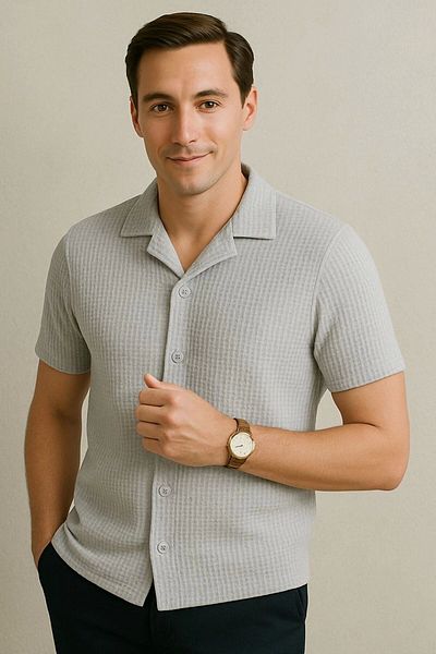 LC Waikiki Lc Waik 100% Cotton Waffle Fabric Premium Men's Summer Button Short Sleeve Shirt - Ironing-Free