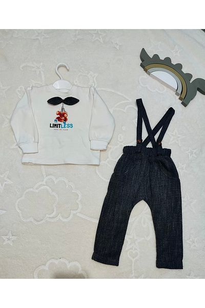 Haye Collection 9,12,18 Months Bow Tie Sweat Jeans Pants 2-Piece Baby Boy Salopet Set Gray