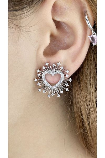 Neon Takı by Atalay Sensitivity Tag and Zircon Stone, Heart, Stainless Steel Earrings 608, Silver Color
