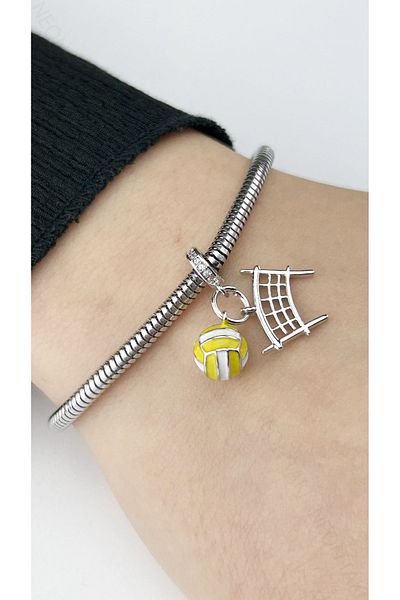 Neon Takı by Atalay Sensitive Tag and Dangle, Volleyball Themed, Steel Charm for Pan Bracelet 43, Silver Color