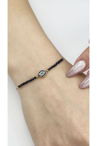 Neon Takı by Atalay Sensitivity Tag and Eye, Crystal Blue Stone Stainless Steel Chain Bracelet 489, Gold Color