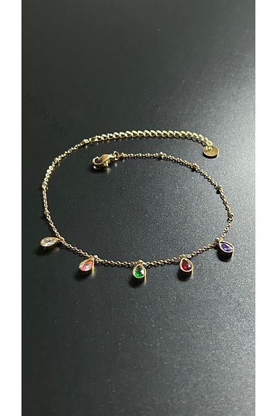 Neon Takı by Atalay Sensitivity Tag and Drop Model, Colored Stone, Stainless Steel Anklet 29, Gold Color