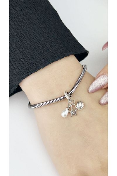Neon Takı by Atalay Sensitivity Tag & Steel Charm for Pearl, Mussel, Starfish, Pan Bracelet 46, Silver Color