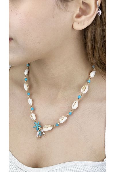 Neon Takı by Atalay Sensitivity Tag and Summer Necklace with Mussel Shell, Blue Beads, 393, Gold Color