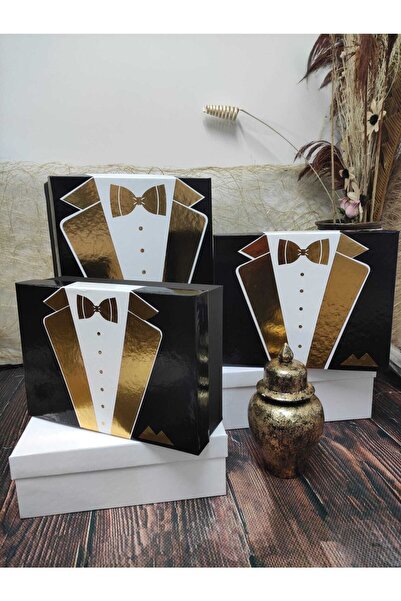 AboutThePerfect Altın Varaklı 3'lü Kutulu Smokin Model Damat Seti, Şık ve Zar...