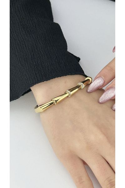 Neon Takı by Atalay Sensitivity Tag and Zircon Stone, Stainless Steel Bracelet 175, Gold Color