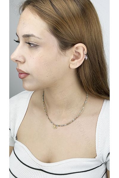 Neon Takı by Atalay Sensitivity Tag and Eye, Color Beads, Stainless Steel Necklace 395, Light Blue, Gold Color