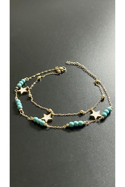 Neon Takı by Atalay Sensitivity Tag and Blue Beaded, Star, Stainless Steel Anklet 32, Gold Color