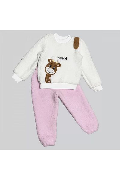 Haye Collection 1,2,3 Years Hello Giraffe Embroidered Lamb Fabric Sweat Pants Long Sleeve Girls Boys 2 Piece Set Pink