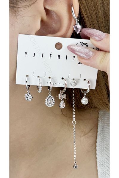 Neon Takı by Atalay Sensitivity Tag and Multiple, Zircon Stone, Silver Pin, Steel Earring 622, Silver Color