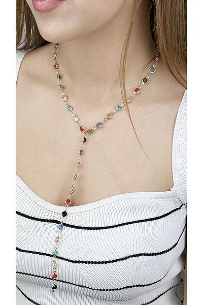 Neon Takı by Atalay Sensitivity Tag and Y Necklace, Multicolor 384, Case Gold Color