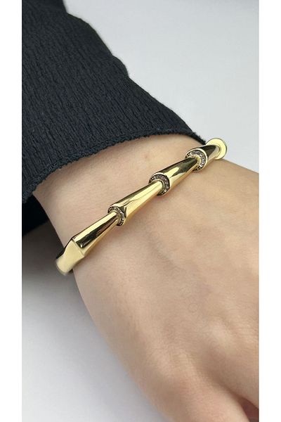 Neon Takı by Atalay Sensitivity Tag and Zircon Stone, Stainless Steel Bracelet 175, Gold Color