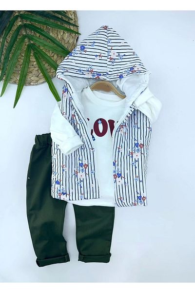 Haye Collection 3,4,5,6 Years Old Hooded Zippered Floral Inflatable Vest Sweat Pants 3-Piece Girl Boy Set Blue