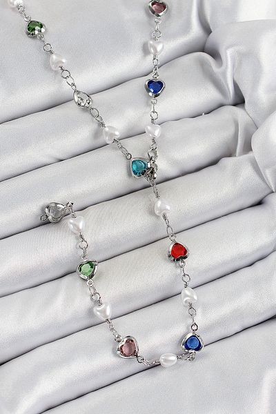 Clariss Brass Silver Color Pearl Zircon Stone Heart Y Women's Necklace