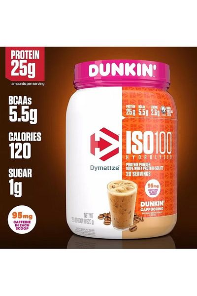 Dymatize Whey Protein Isolate ISO 100, 20 Servings, Dunkin' Cappuccino, 21.8 oz