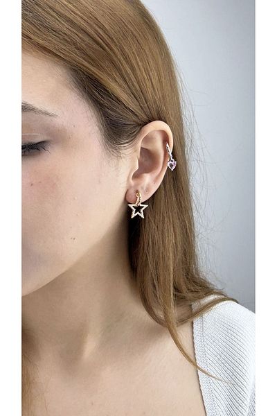 Neon Takı by Atalay Sensitivity Tag and Zircon Stone, Star Model Stainless Steel Earrings 627, Pink (Rose) Color
