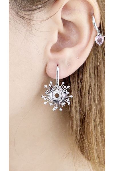Neon Takı by Atalay Sensitivity Tag and Zircon Stone, Design, Stainless Steel Earrings 609, Silver Color
