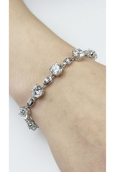 Neon Takı by Atalay Sensitivity Tag & Zircon Stone, Platinum Plated, Stainless Steel Bracelet 486, Silver Color