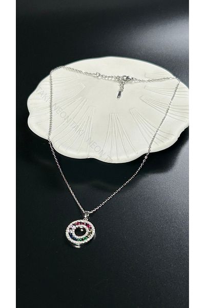 Neon Takı by Atalay Sensitivity Tag and Zircon Colored Stone, Stainless Steel Necklace 405, Silver Color