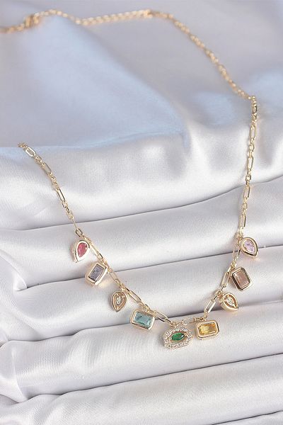 Clariss Row Mixed Color Zircon Stone Gold Brass Necklace - Tj-Bko10221