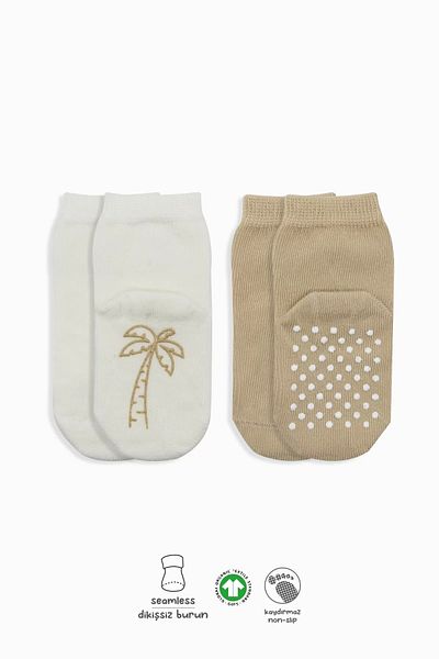 Haye Collection Fruit Figured Non-Slip Socks 2 Pack Beige Ecru