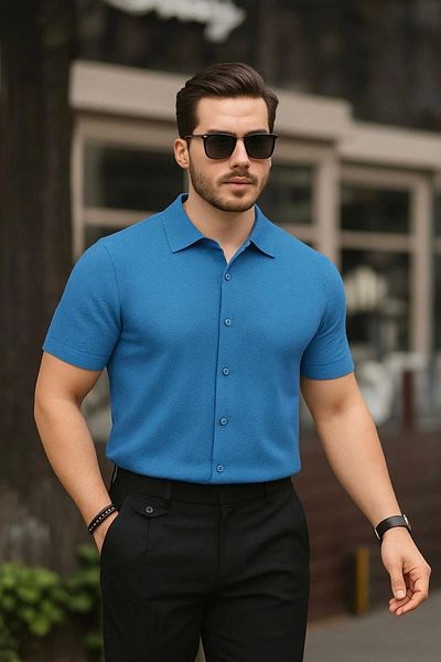 LC Waikiki Lc W 100% Cotton Ironing Unwilling Textured Fabric Short Sleeve Men's Summer Shirt
