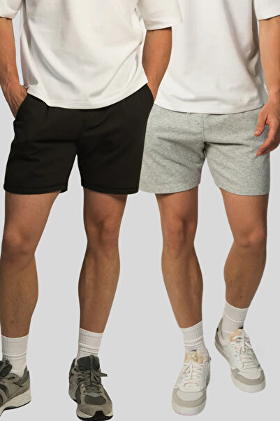 NAKRUF شورت رجالي من القطن الممشط عادي بلون أسود-رمادي مكون من قطعتين