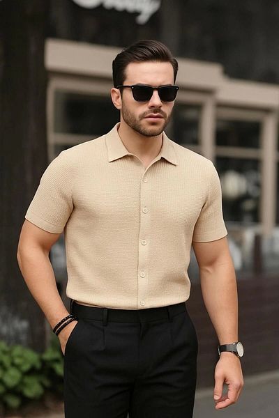 LC Waikiki Lc W 100% Cotton Ironing Unwilling Textured Fabric Short Sleeve Men's Summer Shirt