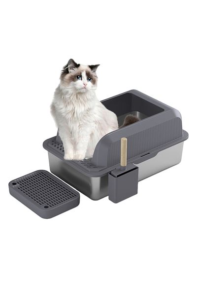 KidLe Stainless Steel Cat Litter Box Cat Litter Tray with Footboard & Scoop