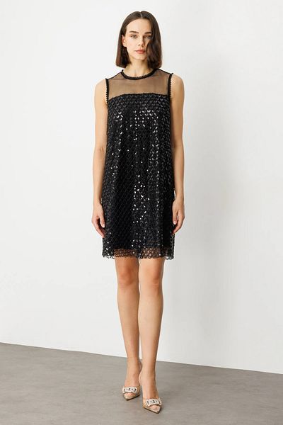 Ekol Sequined and Beaded Above Knee Dress Black