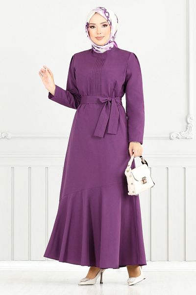 ModaMerve Rib Detail Hijab Dress 4096Pm1063-M Purple