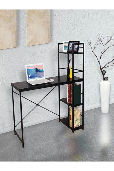 micasa Metal Frame Particle Board Computer Desk with 4-Tier Open Shelf