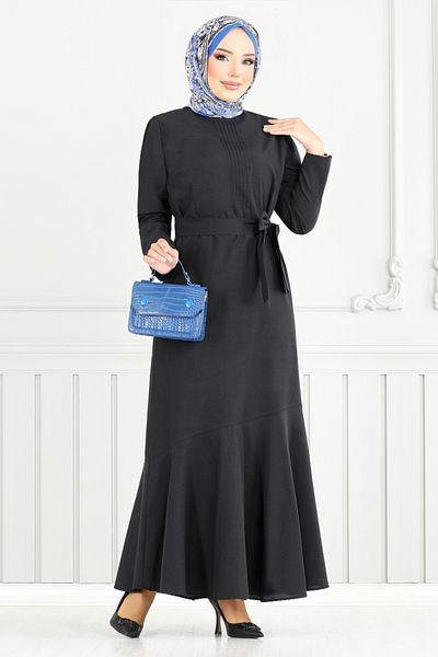 ModaMerve Rib Detail Hijab Dress 4096Pm1063-M Black