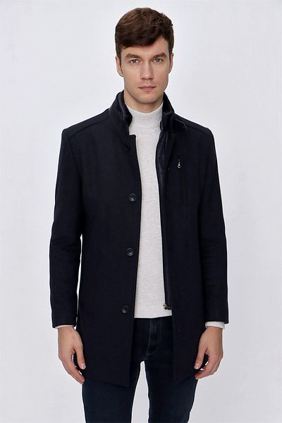 Morven Men's Dark Navy Diagonal Pattern Fur Dynamic Fit Comfortable Fit Turn-Down Collar Coat